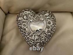 Antique Heart Sterling Silver Jewelry Box Blue Green Interior Fitted Ring Slots