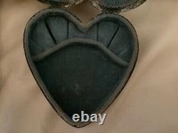 Antique Heart Sterling Silver Jewelry Box Blue Green Interior Fitted Ring Slots