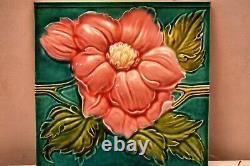 Antique Japan Tile Majolica Art Nouveau Saji Flower High Embossed Green PinkI1