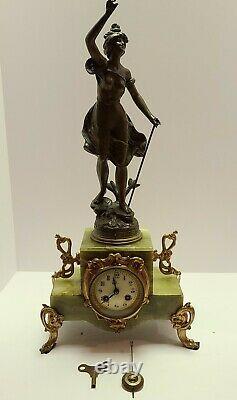 Antique Japy Freres French Victorian Green Marble Figural Statue Mantel Clock