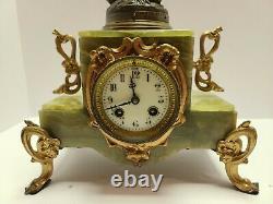 Antique Japy Freres French Victorian Green Marble Figural Statue Mantel Clock