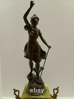 Antique Japy Freres French Victorian Green Marble Figural Statue Mantel Clock