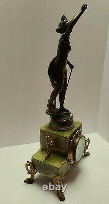 Antique Japy Freres French Victorian Green Marble Figural Statue Mantel Clock