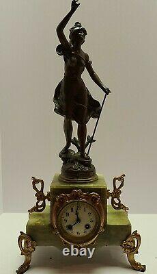 Antique Japy Freres French Victorian Green Marble Figural Statue Mantel Clock