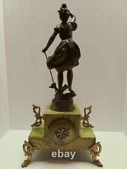 Antique Japy Freres French Victorian Green Marble Figural Statue Mantel Clock