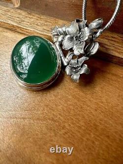 Antique Jugendstil Art Nouveau Silver Green Chrysoprase Flowers Pendant Necklace