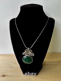Antique Jugendstil Art Nouveau Silver Green Chrysoprase Flowers Pendant Necklace