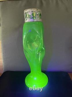 Antique KRALIK Bohemian Uranium Glass Vase Art Nouveau Metal Overlay 12 Glow