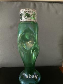 Antique KRALIK Bohemian Uranium Glass Vase Art Nouveau Metal Overlay 12 Glow