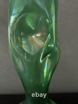 Antique KRALIK Bohemian Uranium Glass Vase Art Nouveau Metal Overlay 12 Glow