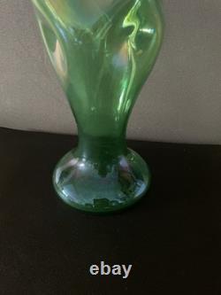 Antique KRALIK Bohemian Uranium Glass Vase Art Nouveau Metal Overlay 12 Glow