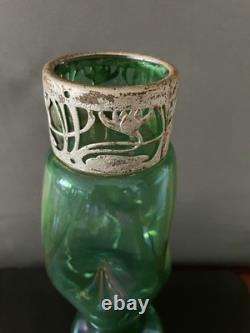 Antique KRALIK Bohemian Uranium Glass Vase Art Nouveau Metal Overlay 12 Glow