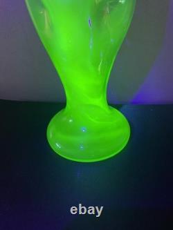 Antique KRALIK Bohemian Uranium Glass Vase Art Nouveau Metal Overlay 12 Glow