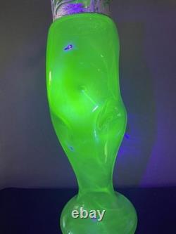 Antique KRALIK Bohemian Uranium Glass Vase Art Nouveau Metal Overlay 12 Glow