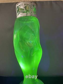 Antique KRALIK Bohemian Uranium Glass Vase Art Nouveau Metal Overlay 12 Glow