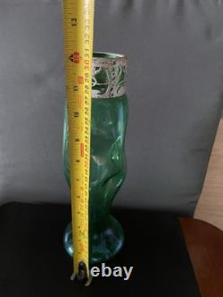 Antique KRALIK Bohemian Uranium Glass Vase Art Nouveau Metal Overlay 12 Glow