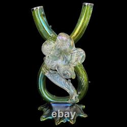 Antique Kralik Art Nouveau Iridescent Green Glass Double Thorn Vase Sterling Rim