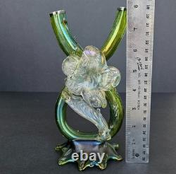 Antique Kralik Art Nouveau Iridescent Green Glass Double Thorn Vase Sterling Rim