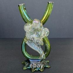 Antique Kralik Art Nouveau Iridescent Green Glass Double Thorn Vase Sterling Rim