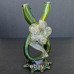 Antique Kralik Art Nouveau Iridescent Green Glass Double Thorn Vase Sterling Rim