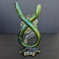 Antique Kralik Art Nouveau Iridescent Green Glass Double Thorn Vase Sterling Rim