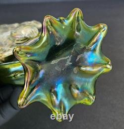 Antique Kralik Art Nouveau Iridescent Green Glass Double Thorn Vase Sterling Rim