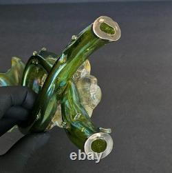 Antique Kralik Art Nouveau Iridescent Green Glass Double Thorn Vase Sterling Rim