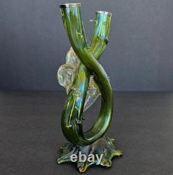 Antique Kralik Art Nouveau Iridescent Green Glass Double Thorn Vase Sterling Rim