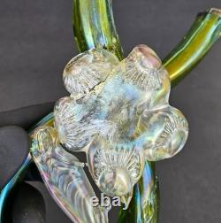 Antique Kralik Art Nouveau Iridescent Green Glass Double Thorn Vase Sterling Rim