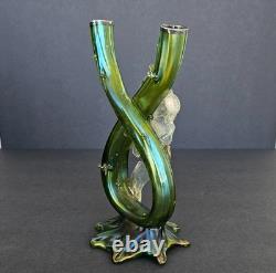 Antique Kralik Art Nouveau Iridescent Green Glass Double Thorn Vase Sterling Rim
