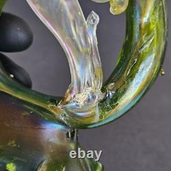 Antique Kralik Art Nouveau Iridescent Green Glass Double Thorn Vase Sterling Rim
