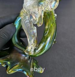 Antique Kralik Art Nouveau Iridescent Green Glass Double Thorn Vase Sterling Rim