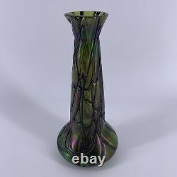 Antique Kralik Bohemian Art Glass Green Iridescent Threaded Vase 6.75