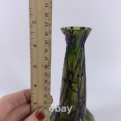 Antique Kralik Bohemian Art Glass Green Iridescent Threaded Vase 6.75