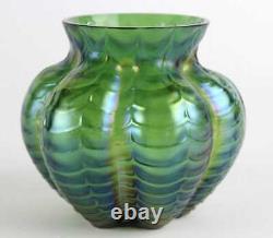 Antique Kralik/Welz Iridescent Green Draped/Festooned Art Glass Vase