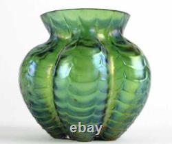 Antique Kralik/Welz Iridescent Green Draped/Festooned Art Glass Vase