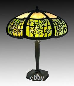 Antique LARGE Green Caramel Bent Slag Glass 16 Panel Lamp Floral Art Nouveau