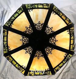 Antique LARGE Green Caramel Bent Slag Glass 16 Panel Lamp Floral Art Nouveau