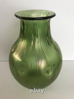 Antique-LOETZ ART NOUVEAU RUSTICANA IRIDESCENT GREEN ART GLASS VASE7 1/2 TALL