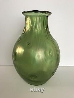 Antique-LOETZ ART NOUVEAU RUSTICANA IRIDESCENT GREEN ART GLASS VASE7 1/2 TALL