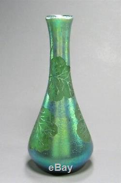 Antique LOETZ Etched Silberiris LEAF DEK Art Glass Vase ca 1903 Rare Decor 9 T