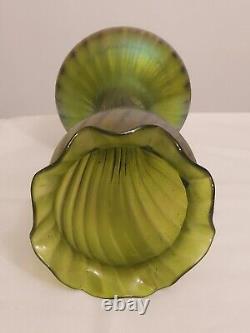 Antique LOETZ Iridescent Green PINCHED Art Glass TWISTED Swirl Nouveau 12 VASE