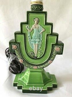 Antique Lamp Art Nouveau Majolica Czechoslovakia Lady Ceramic Art Pottery DLS