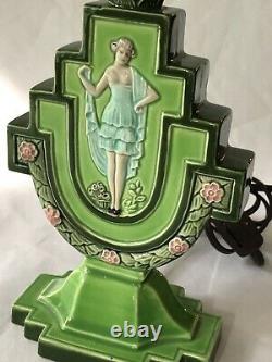 Antique Lamp Art Nouveau Majolica Czechoslovakia Lady Ceramic Art Pottery DLS