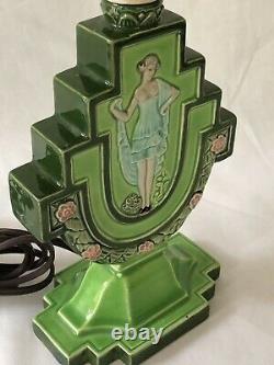 Antique Lamp Art Nouveau Majolica Czechoslovakia Lady Ceramic Art Pottery DLS