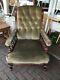 Antique Late Victorian Library Chair In Mahogany With Green Velvet Upholstery
