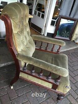 Antique Late Victorian Library Chair in mahogany with green velvet upholstery