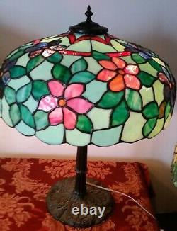 Antique Leaded Glass Lamp Pink Orange Blue Floral 24H X 18W Handel Whaley Era