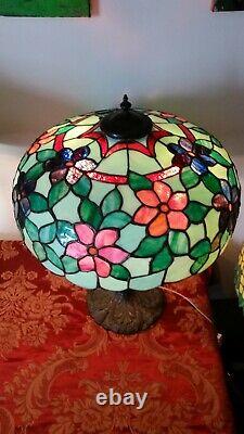 Antique Leaded Glass Lamp Pink Orange Blue Floral 24H X 18W Handel Whaley Era