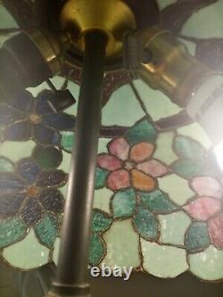 Antique Leaded Glass Lamp Pink Orange Blue Floral 24H X 18W Handel Whaley Era